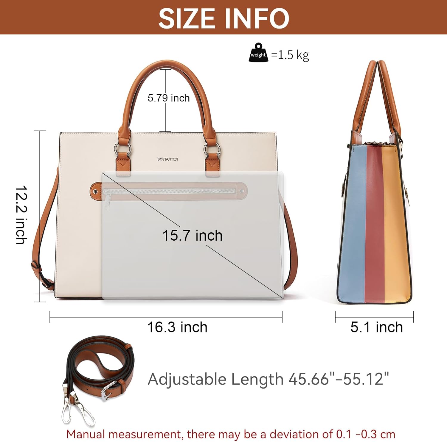 BOSTANTEN Leather Laptop Briefcase for Women Shoulder Bag 15.6 Inch Business Computer Work Tote | Leather, 15.6 Inch, Business, Computer - Image 3