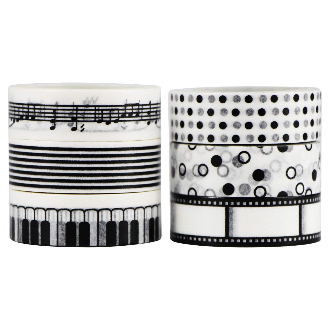 6pcs Decorative Washi Tape Masking Tape Black White Adhesive Scrapbooking DIY Craft Gift 10m x 15mm (White)