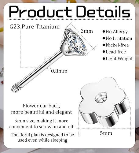 Miniatura 3 de Enticera 3mm G23 Titanium Earrings for Sensitive Skin Handmade Flower Screw Back 5A+Cubic Zirconia Earrings 20g 14K Gold Hypoallergenic Nap Earrings