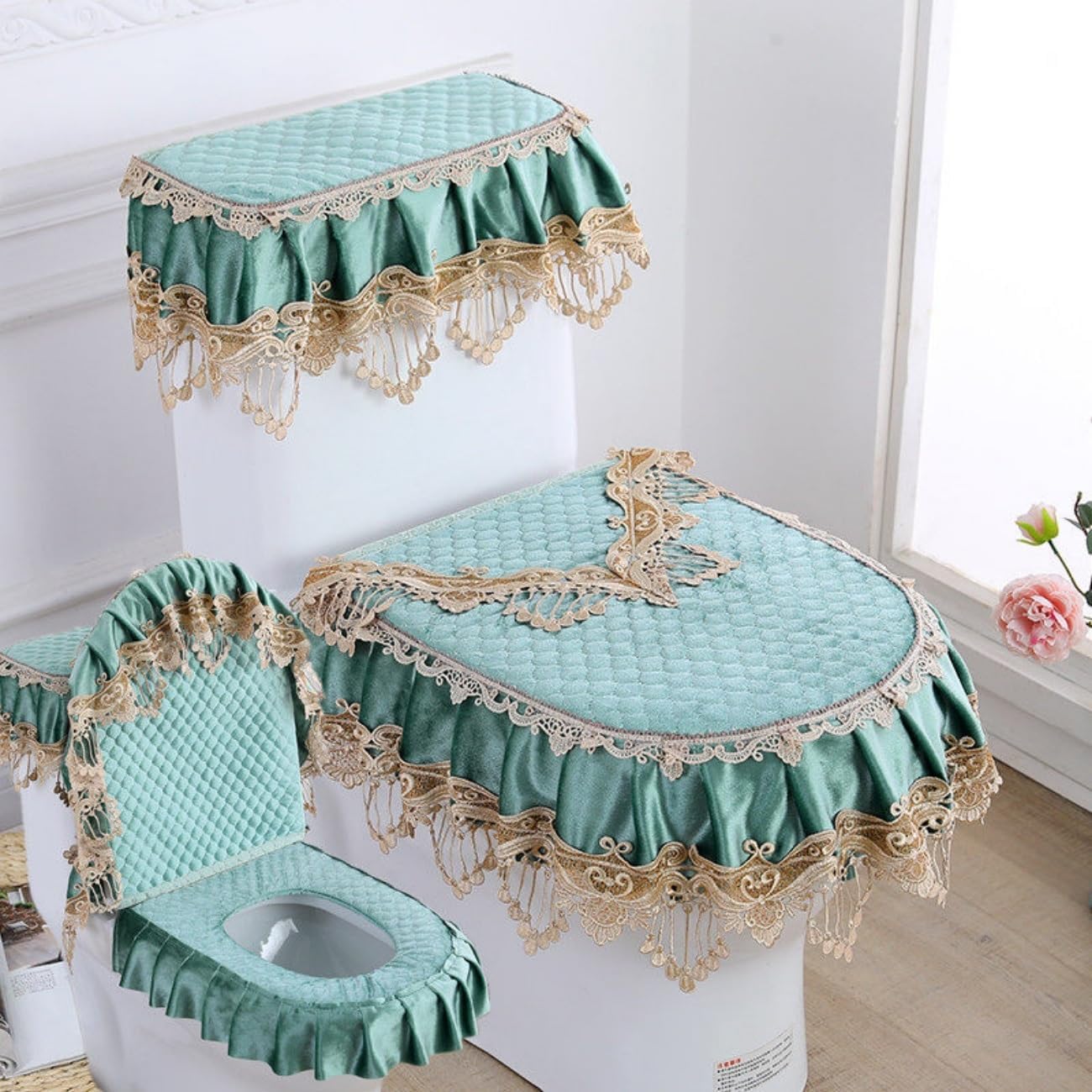 Elegant Toilet Tank Cover And Lid Set, Double Zipper Velvet Toilet Mat Set, Soft Lace Toilet Lid, Tank, Seat Top Cover, For All Seasons(H)