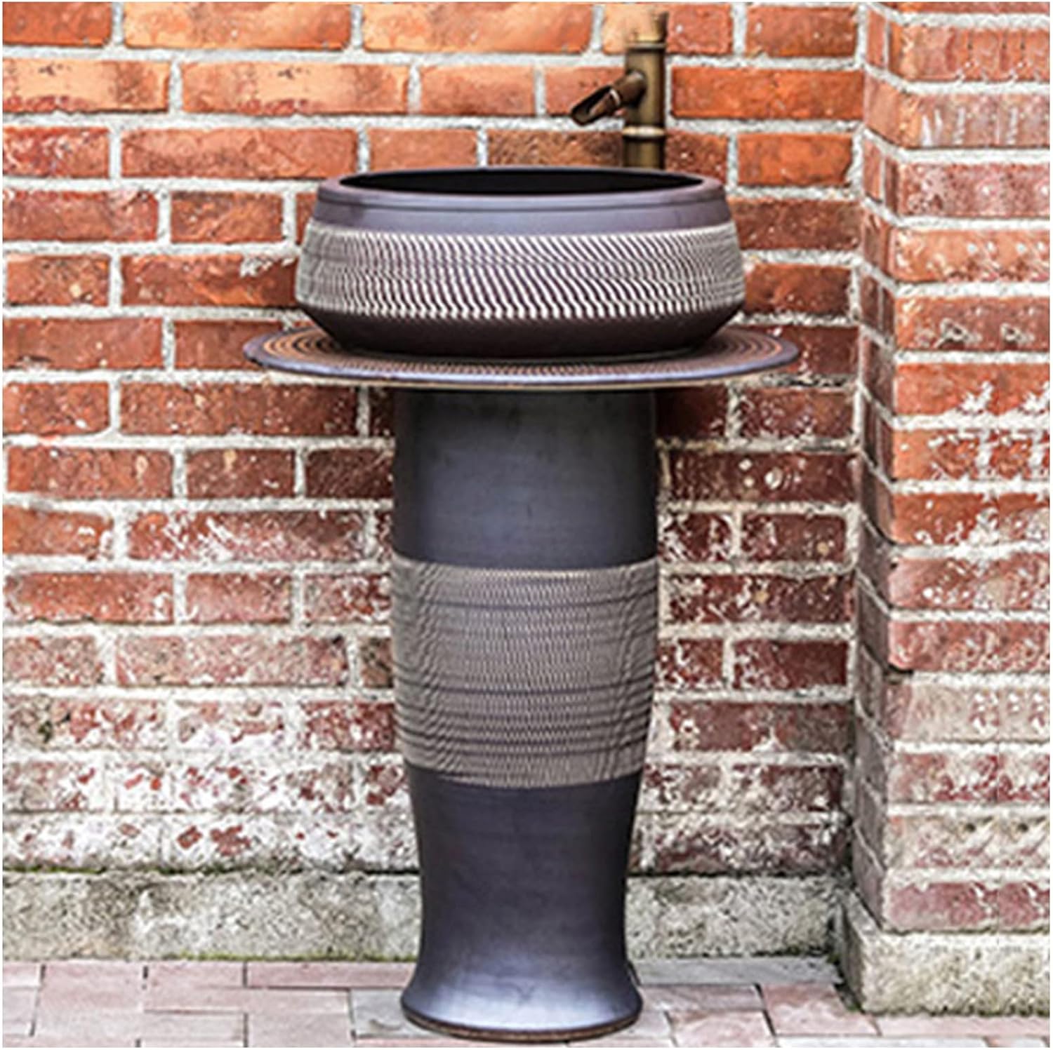 Pedestal Bathroom Sink Ceramics Retro Industrial Style Deco with Pedestal Hard and Easy to Clean Floor Standing Basin Unit, Waterproof and Rustproof Sink Bathroom Countertop,Beige,55x45x81cm (Black