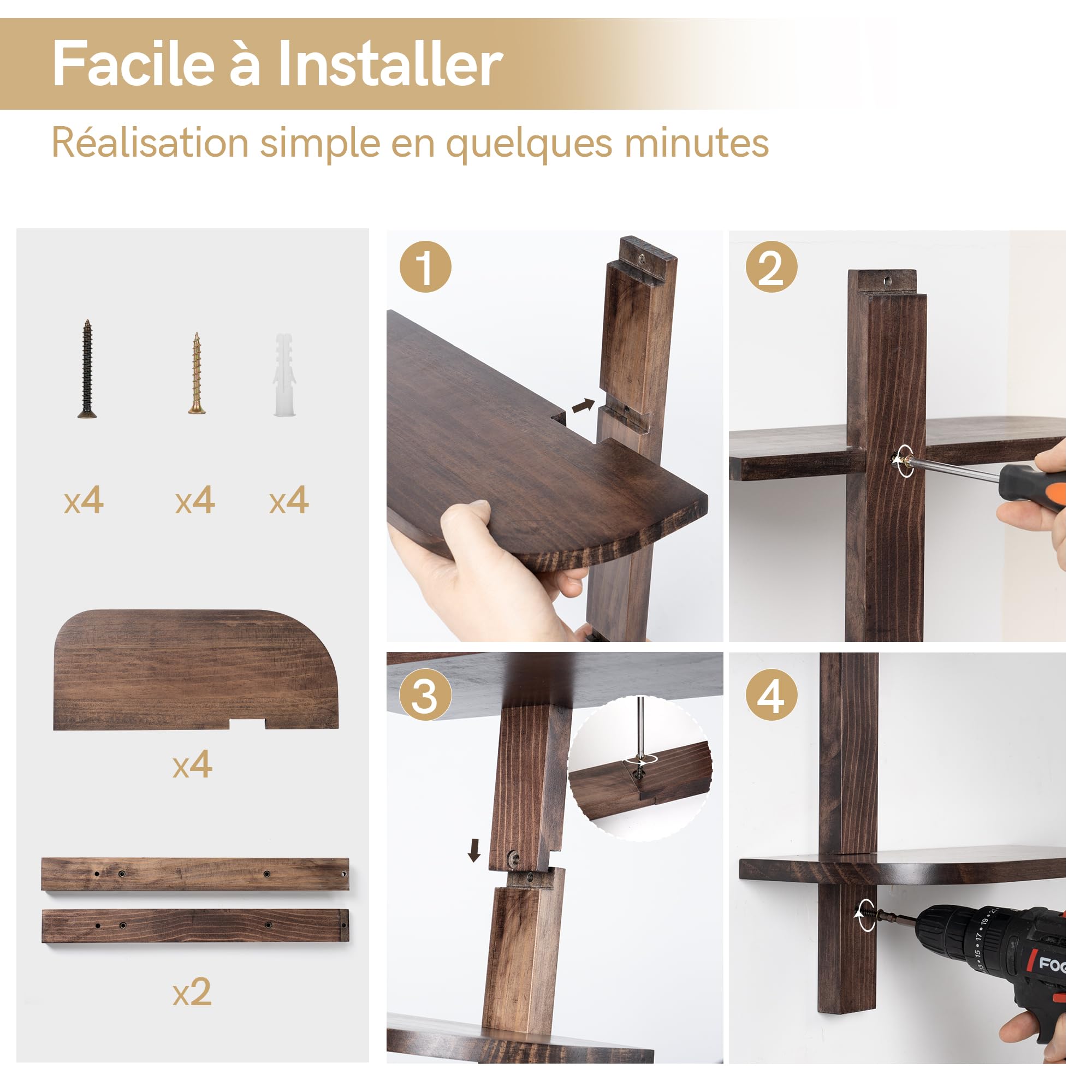 Afuly Étagère Murale Verticale 4 Niveaux en Bois Marron, Gain de Place | Bois massif, angles arrondis, rangement vertical pour plantes, livres et déco, salle de bain, cuisine et salon