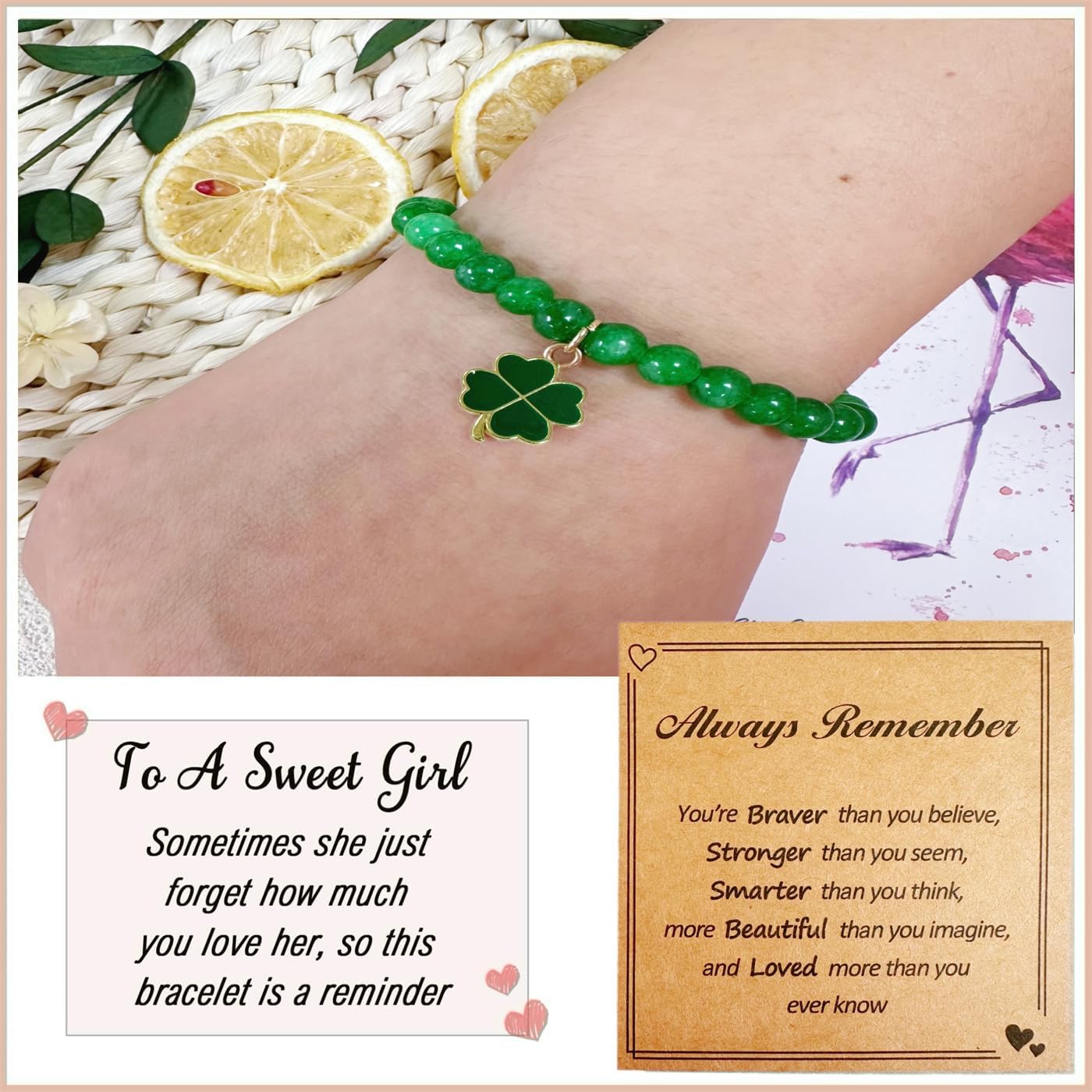 Bovemee Green Nature Stone Clove Bracelet Four-Leaf Clover Female Heart Charm Clover Peacock Bracelet Lucky Bracelet Trendy Gift for Women - Image 6