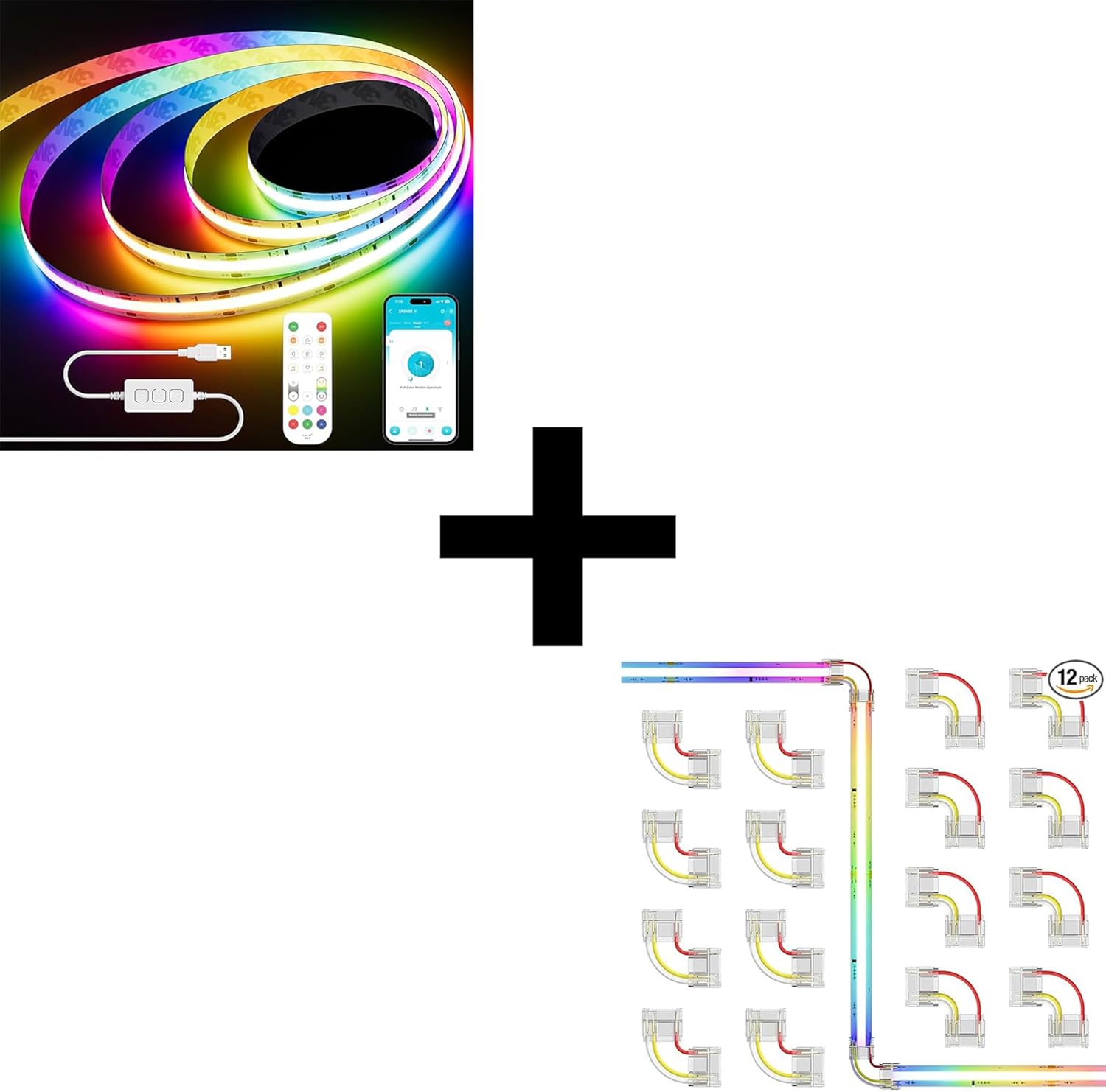 PAUTIX RGB Smart IC COB LED Strip Light USB 5V 6.56ft/2m, 12mm Connectors 8pcs L-Shaped/Corner Connectors,8pcs R-Shaped/Corner Connectors