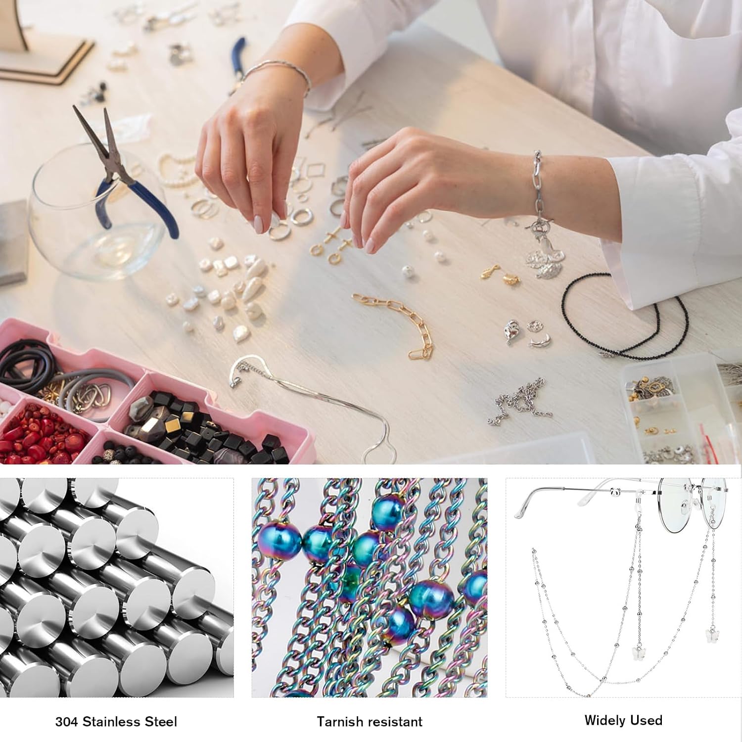 33 Feet Multicolor Satellite Bead Chains, 2mm 304 Stainless Steel Rainbow Ball Beaded Twisted Curb Chain Spool Bulk for Jewelry Making DIY Craft