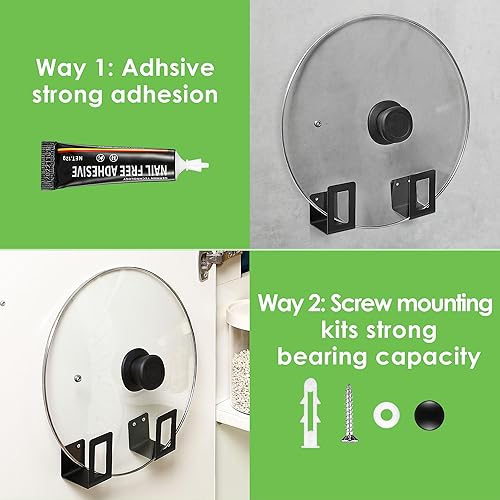 Miniatura 2 de 5 pares de organizadores de tapas de olla para puerta de gabinete, soporte de tapa de olla de acero inoxidable perforable y adhesivo, soportes