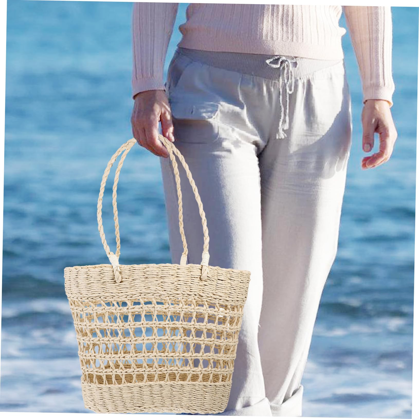 Große Gewebte Strandtasche für Damen Leichte Papierkordel Beige Geräumig für Strand und Wandern Umhängetasche Stroh Damen