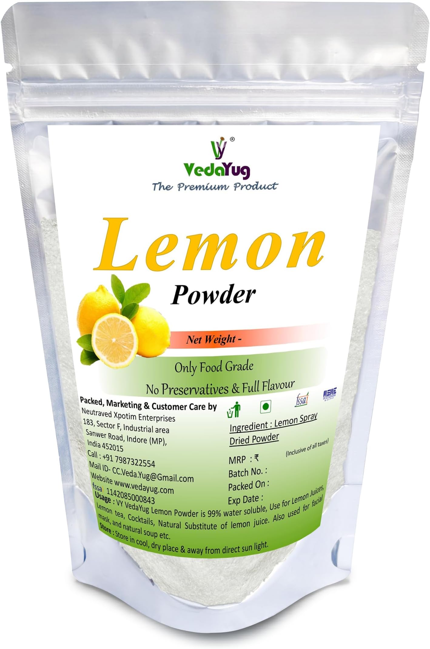 VY VedaYug Lemon Powder, 400g | Natural Lemon in Resealable Pouch | 100% Water Soluble | Best for Flavoring, cooking & Juice - 400g Pack of 1