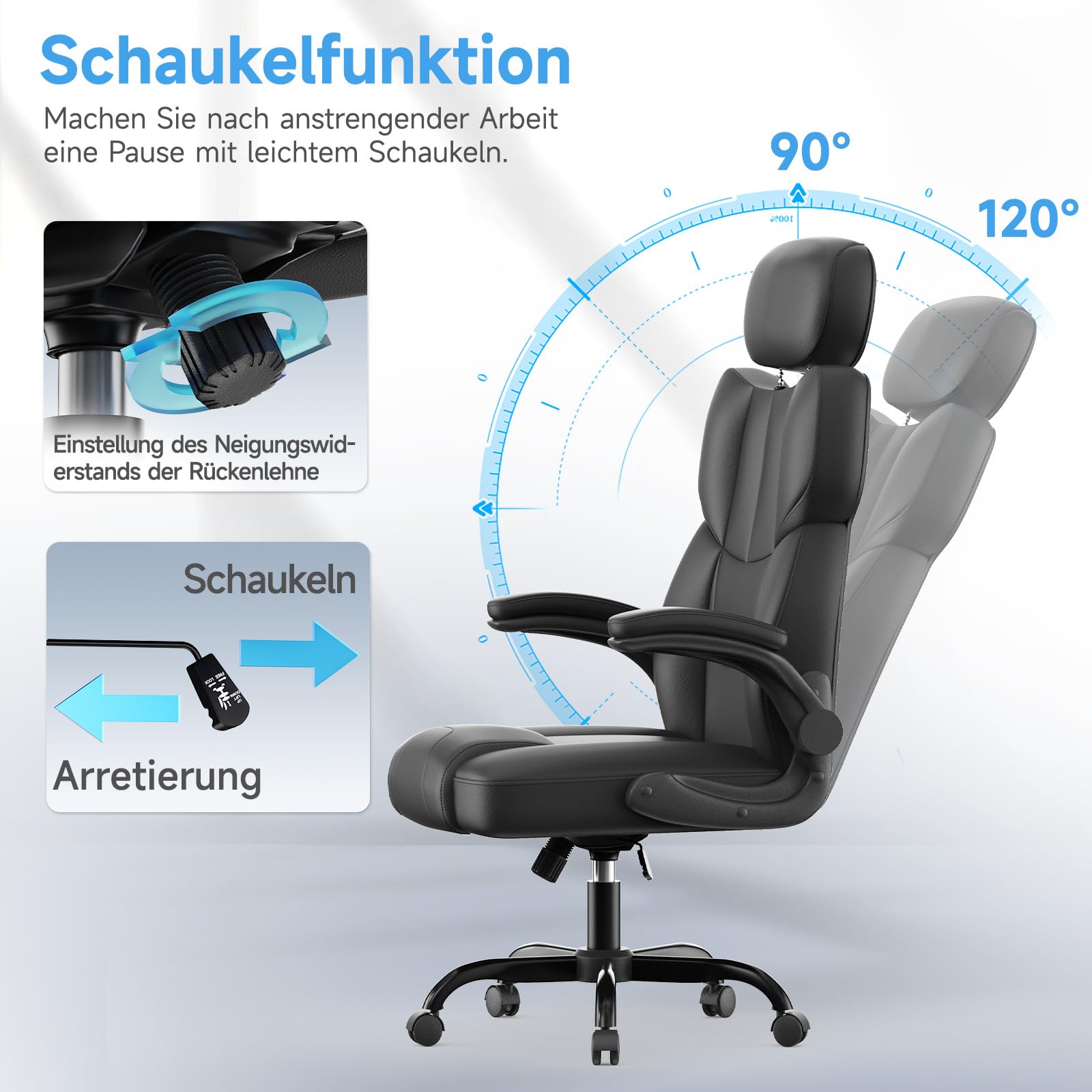 naspaluro Ergonomischer Bürostuhl aus PU-Leder, Chefsessel mit Kopfstütze, Hochklappbaren Armlehnen, Wippfunktion, Höhenverstellbar, Belastbar bis 180 kg, Office Chair für Büro Computer Chefsessel