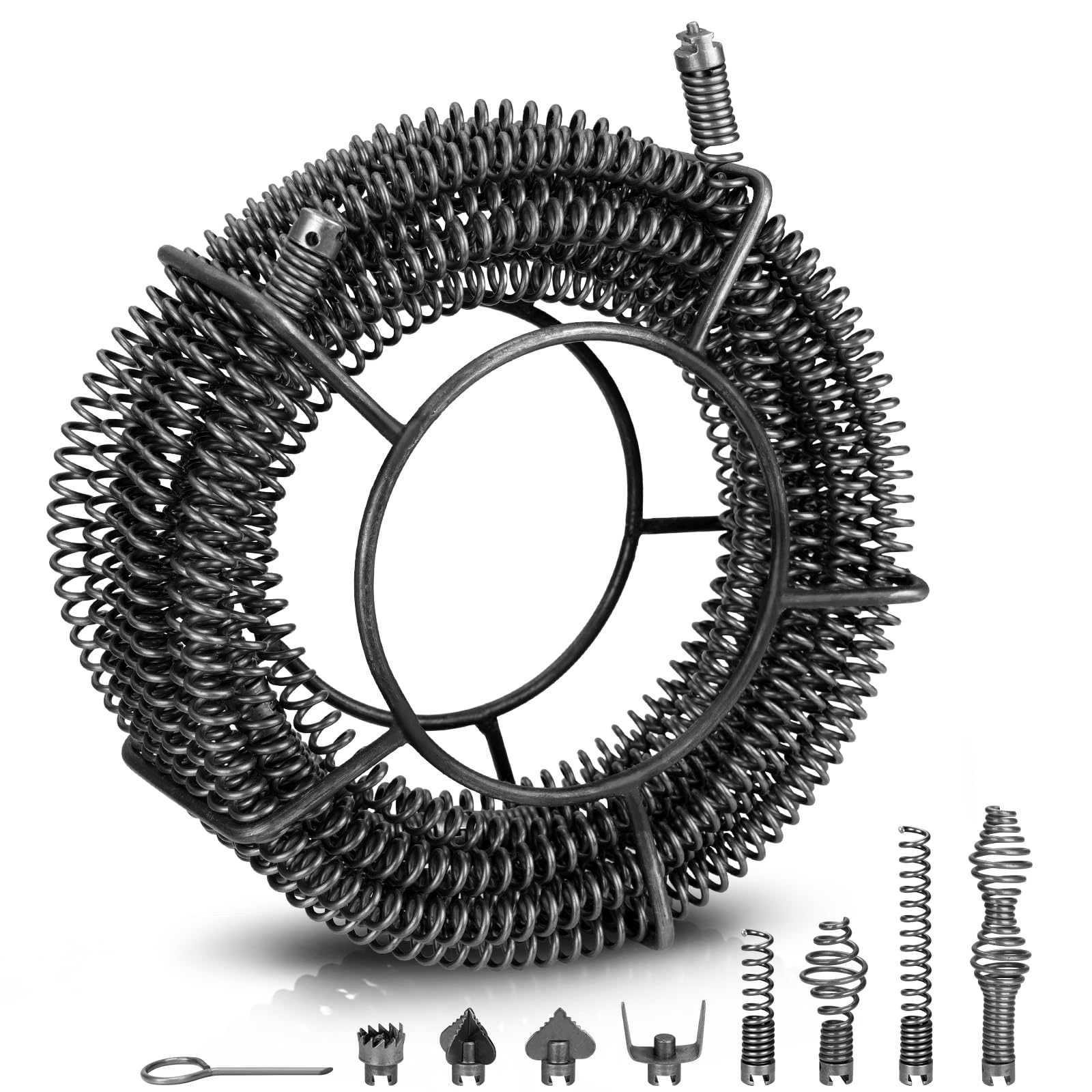 15m Rohrreinigungsspiralen Ø 16mm mit 8x köpfen f. 32-100mm aus Federstahl | Flexible Rohrreinigungswelle Federspirale zum Rohrreinigungsmaschine Rohrreinigungsgerät Rohrreiniger Abflussreiniger
