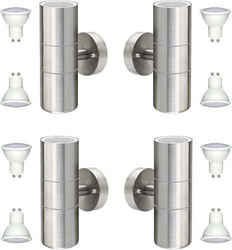 4 Units Of Brushed Stainless Steel Up Down Wall Light Fixture GU10 IP65 Double Outdoor Wall Sconce Light Fitting Plus 8 Complimentary GU10 LED Light Bulbs. (Modern Matt Satin Chrome).