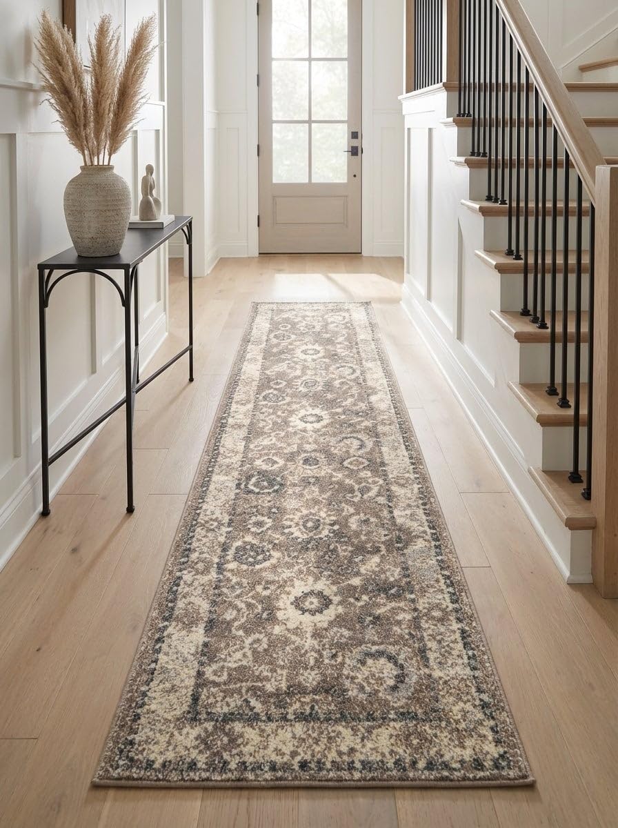 Rugs.com Madeline Collection Rug – 6 Ft Runner Beige Brown Medium Rug Perfect for Hallways, Entryways