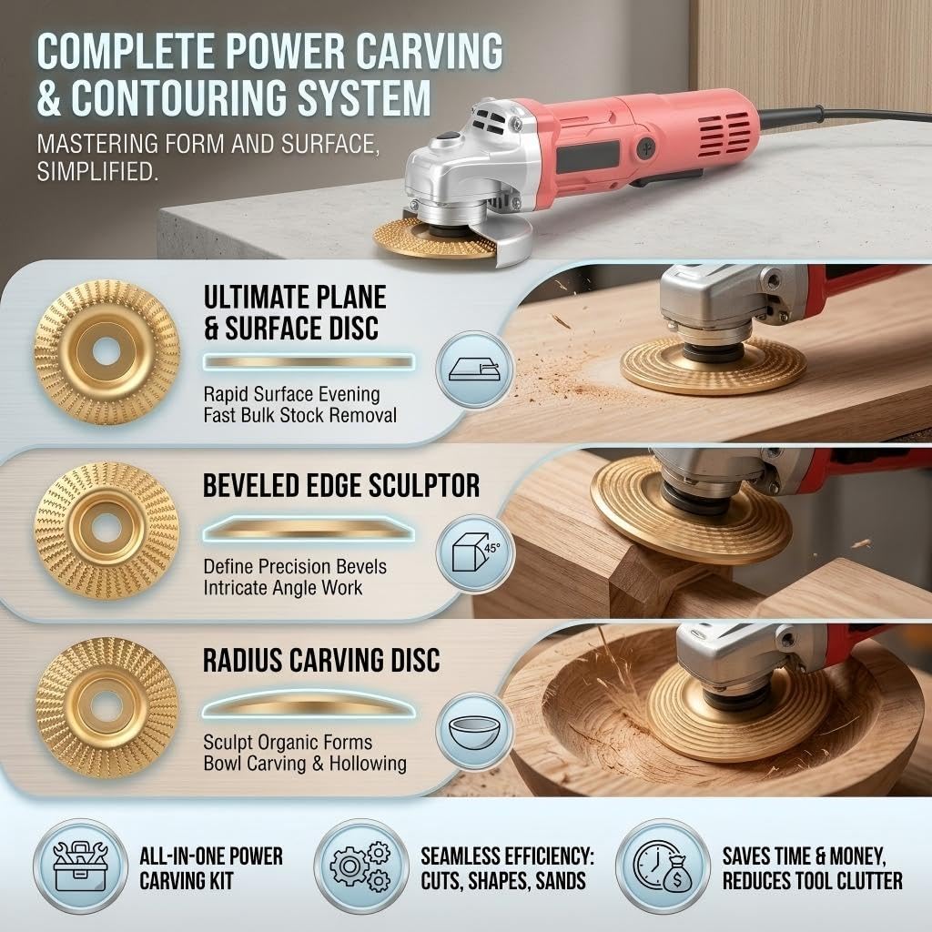 3-Piece Wood Carving Disc Set (Flat, Curved, Beveled) for 4" & 4-1/2" Angle Grinders - Heavy-Duty Tungsten Carbide Grinding Wheel & Stump Grinder Attachments for Woodworking