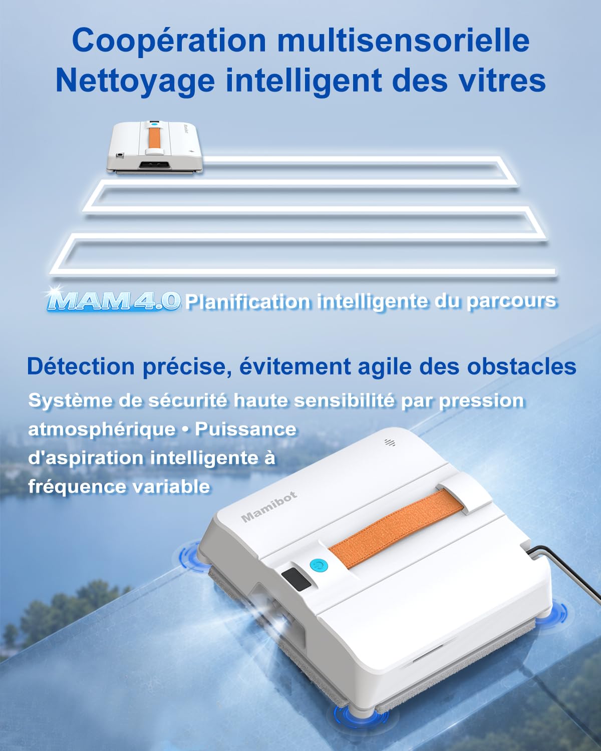 Mamibot W120-DP Robot Nettoyeur Vitre, fonction pulvérisation, planification intelligente du trajet, jet d'eau double croix, télécommande et application pour le nettoyage des vitres, blanc/bleu