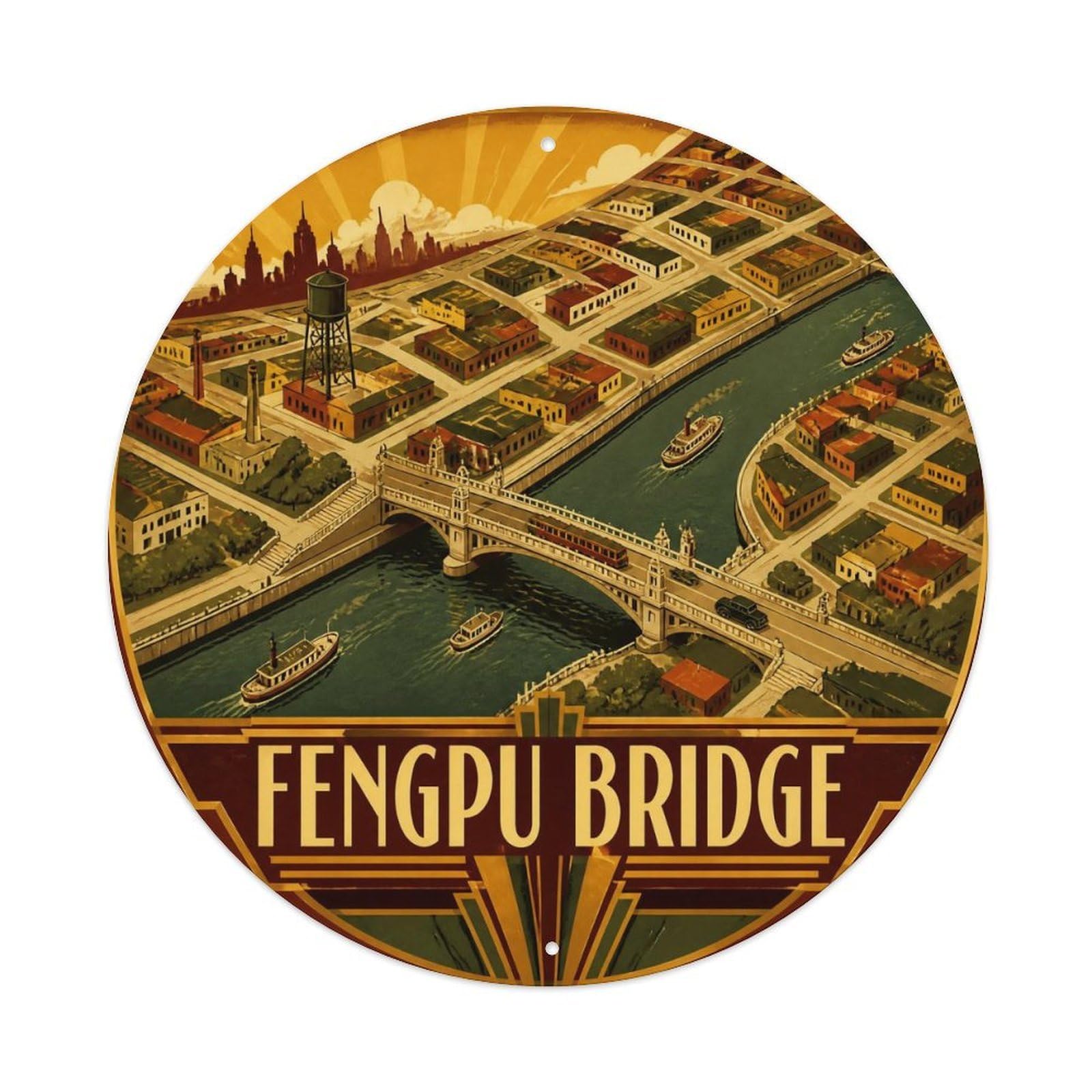 Okngb Style Shanghai Fengpu Bridge Street Grid Riverfront Detail Metal Tin Sign Plaque Wall Decor For Cafe, Man Cave, Club Bar, Office, Home Garden Round Metal Poster 8X8inch