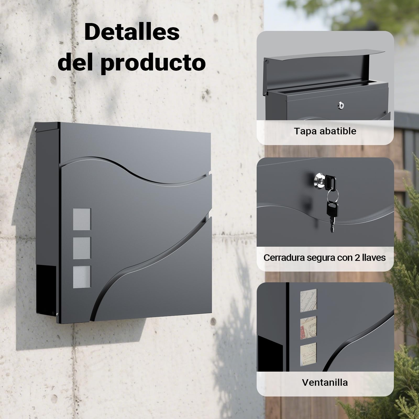 Wiltec Buzón de diseño V28 Antracita 370 x 105 x 370 mm, de Pared con Cerradura y Hueco para el periódico, de Acero con Recubrimiento en Polvo