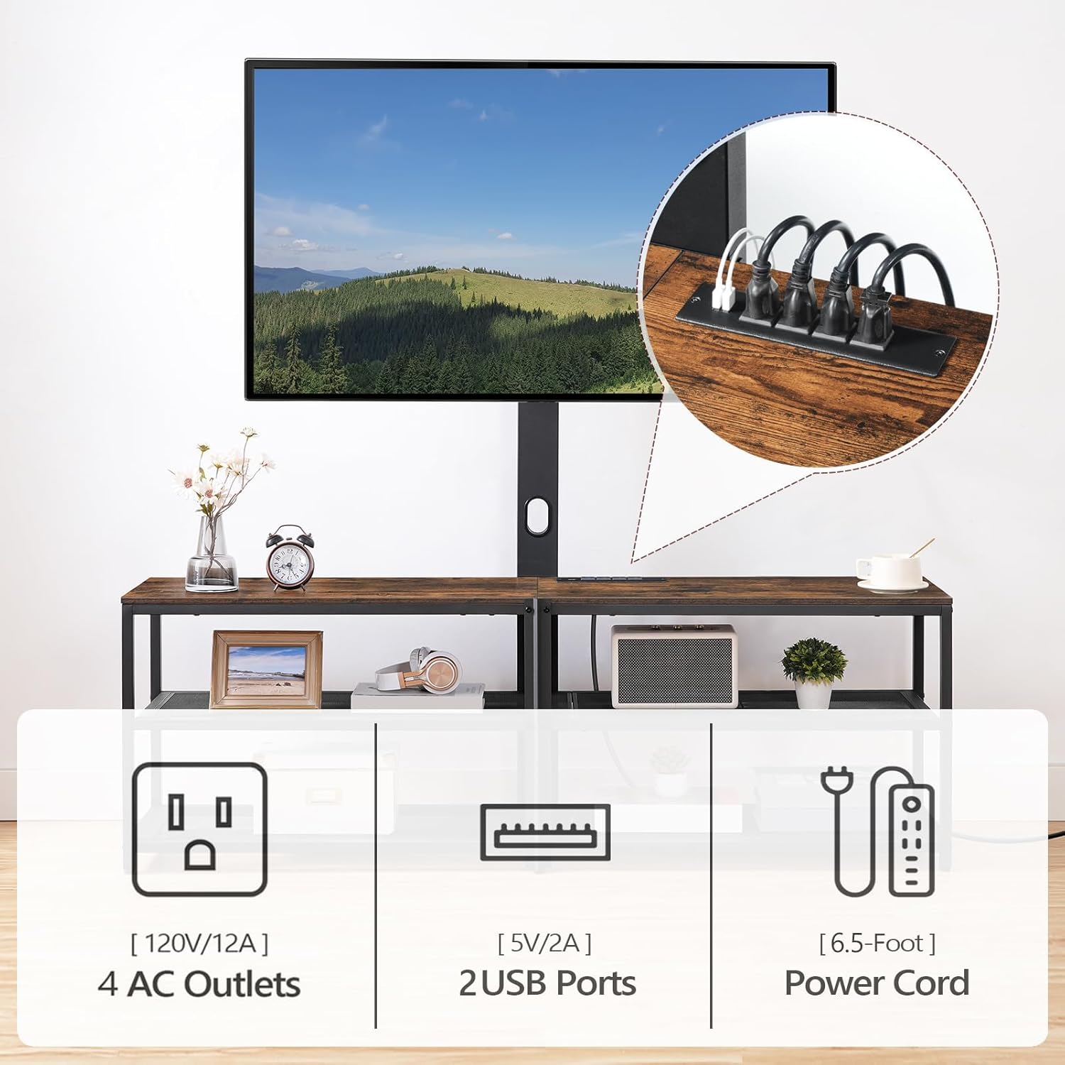 59" TV Stand with Mount and 4 Power Outlets, Entertainment Center Media Console, Swivel TV Stand Mount up to 75 inch TVs, Height Adjustable, Metal Frame for Living Room, Bedroom TVHR35E01V