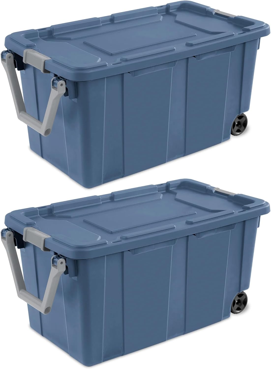 Extra Large 40 Gallon Wheeled Industrial Storage Bin, Rugged Plastic Storage Tote with Secure Latch Lid & Pull Handle, Stackable Heavy Duty Organizer, Blue, 2 Pack