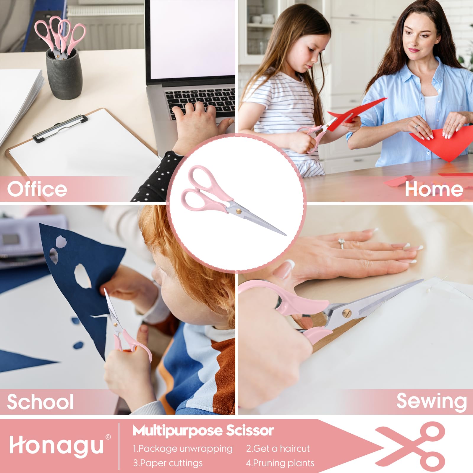 Honagu Professional Scissors - Stainless Steel Precision Blades, Non-Slip Ergonomic Handles for Crafting, Office, Fabric & DIY Projects (Pink)
