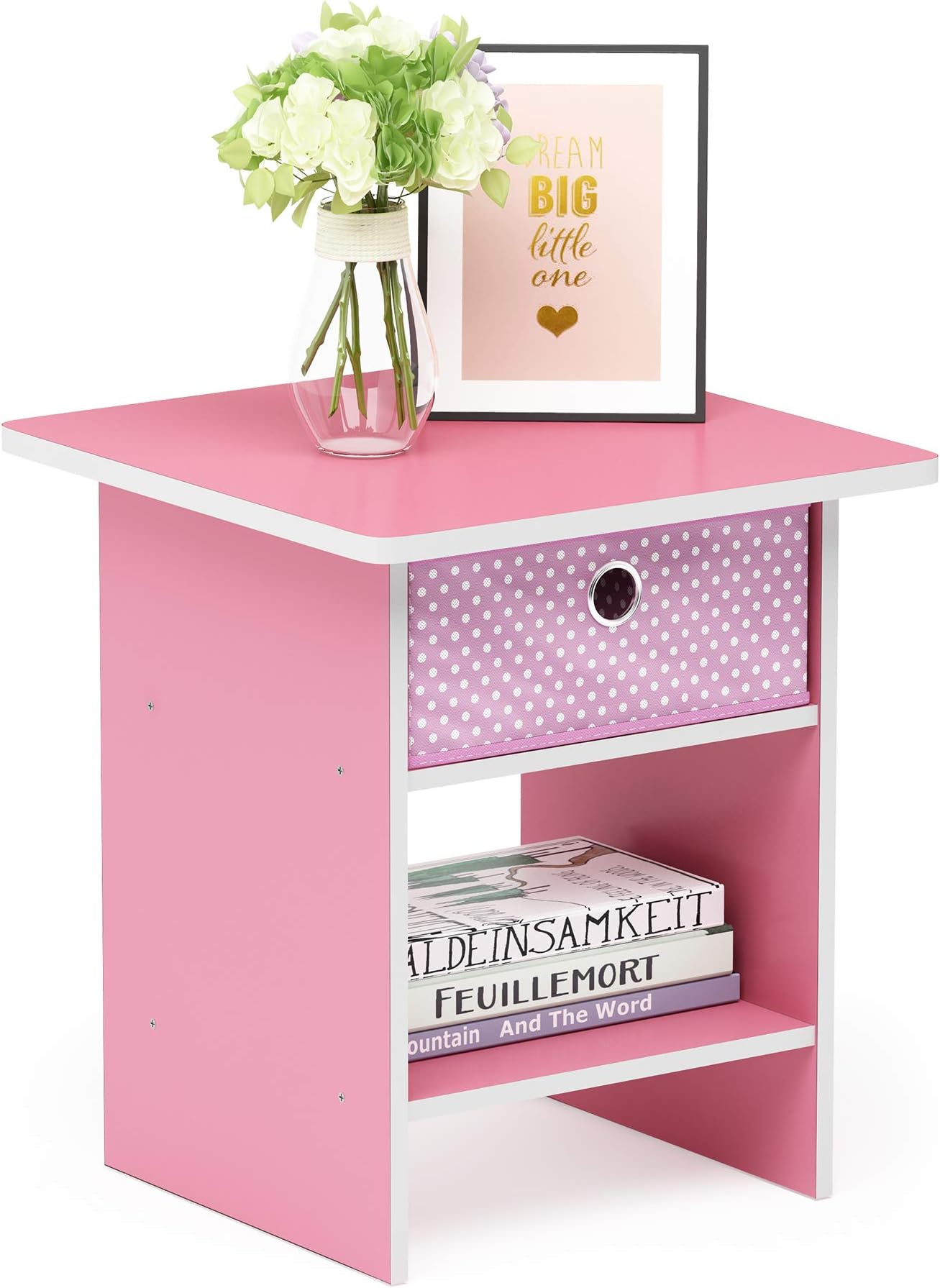 Furinno DARIO Side Table, Square End Table with Storage Bin, Round Corner Night Stand, Bedside Table with Open Back Shelf, for Living Room, Bedroom, Pink