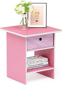 Furinno Dario End Table / Side Table / Night Stand / Bedside Table with Bin Drawer, 1-Pack, Pink/Light Pink