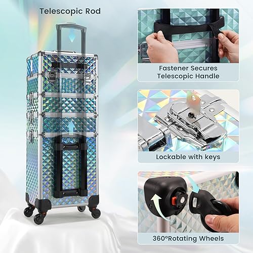 Vista 25 de Stagiant Estuche de tren de maquillaje rodante, estuche de cosmetología con ruedas, 4 en 1, estuche de cosméticos grande con ruedas, estuche