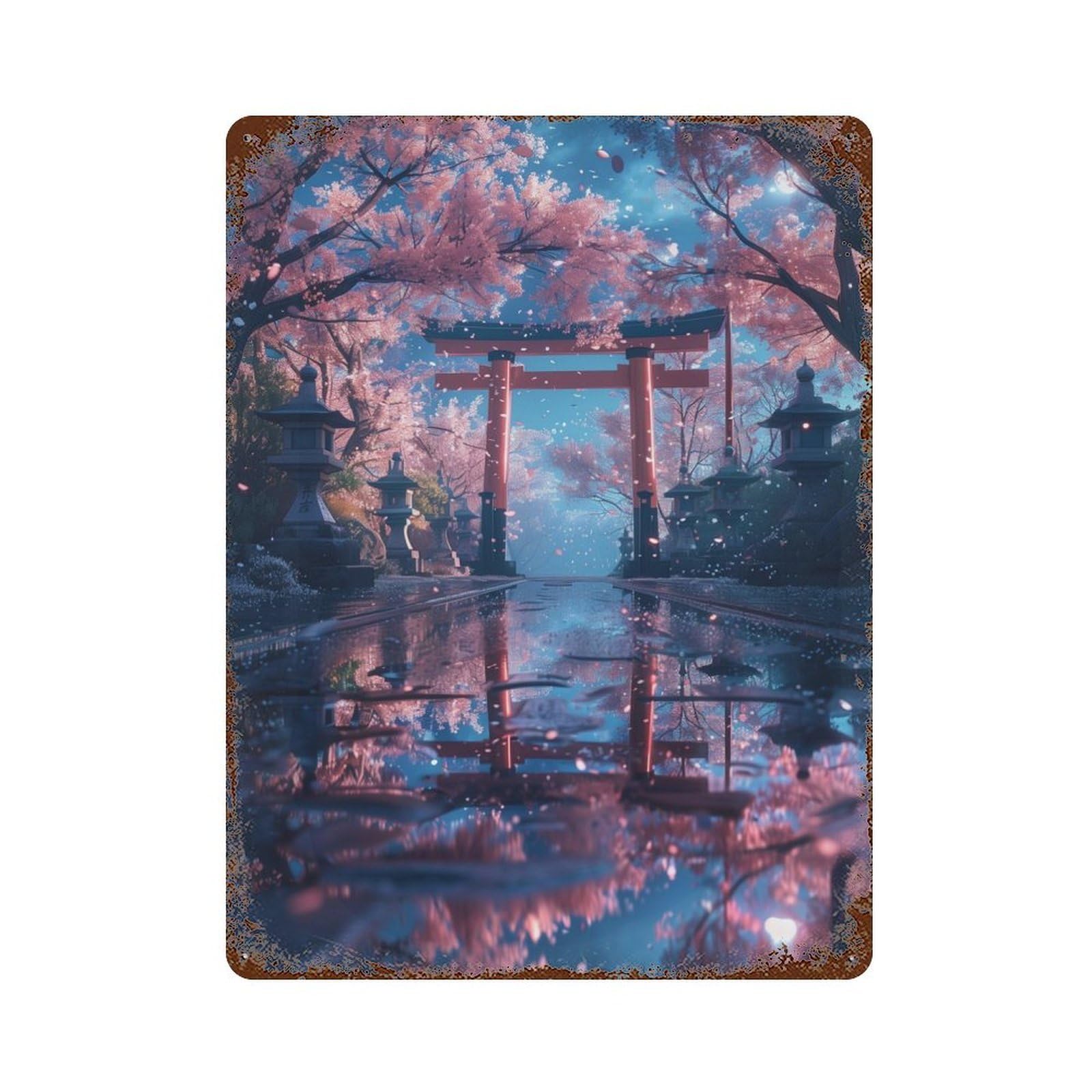 Garage Style Cherry Blossom Torii Gate Rust Effect Tin Sign 15.7"x11.8", Classic Wall Plaque for Bar And Workshop