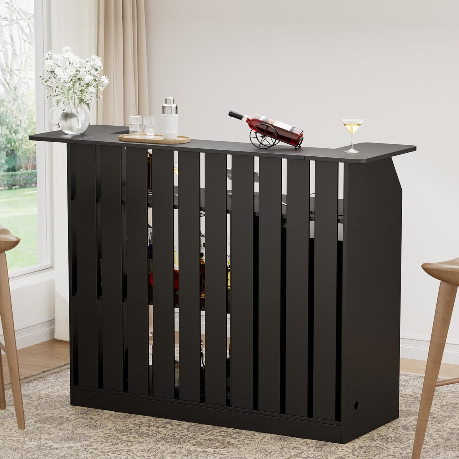 U-Shape Bar Table, Home Bar Unit with Fridge Space, 4 Tier Liquor Wine Cabinet with LED Light, Power Outlet, Wine Glass Holder, Modern Mini Bar with Storage for Living Room, Basement, Home Pub, Black