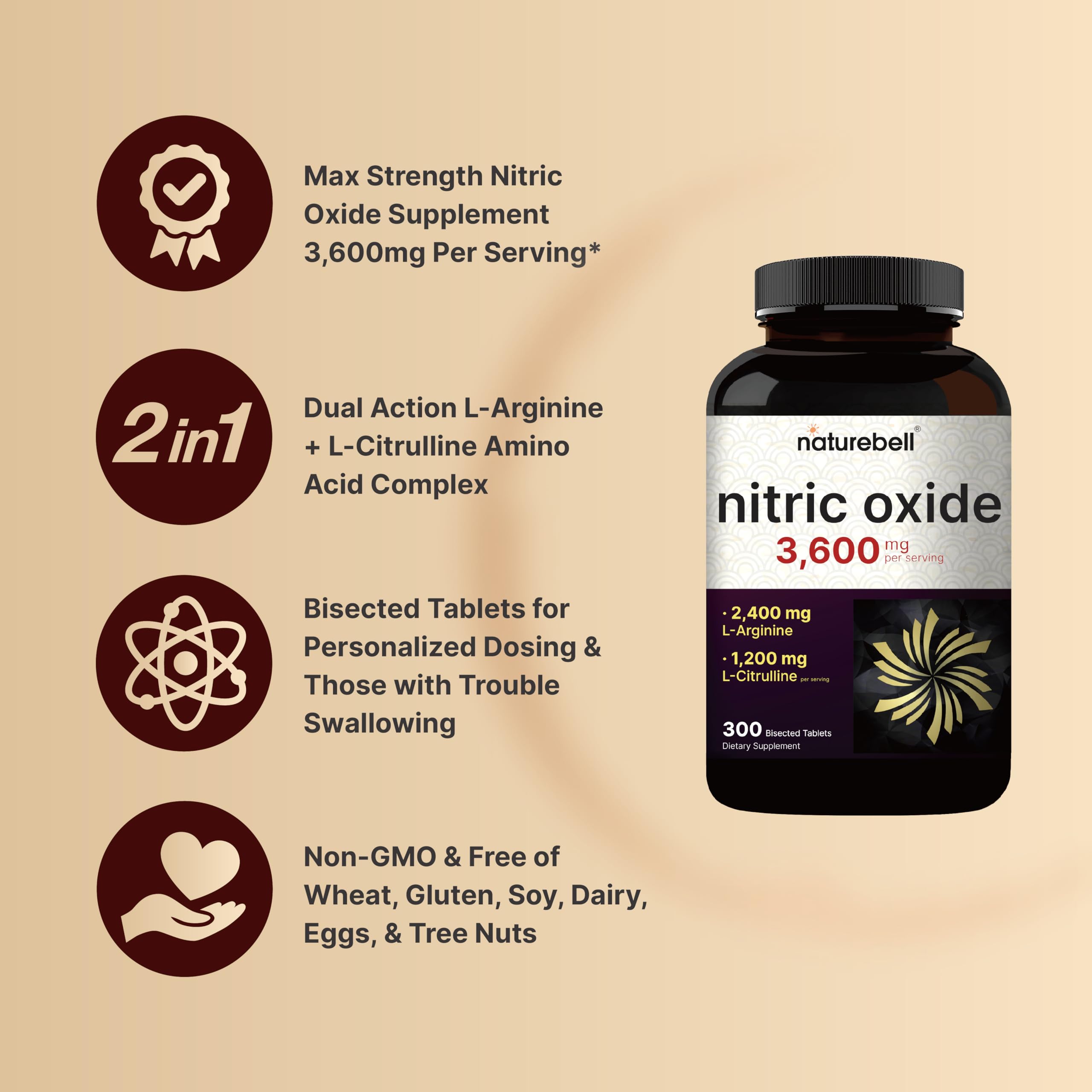 NatureBell Nitric Oxide Supplement for Men & Women – Pre-Workout Formula with L-Arginine & L-Citrulline – 3,600mg, 300 Bisected Tablets (100 Servings) – Max Strength – Non-GMO, Gluten Free* — Amazon image 3