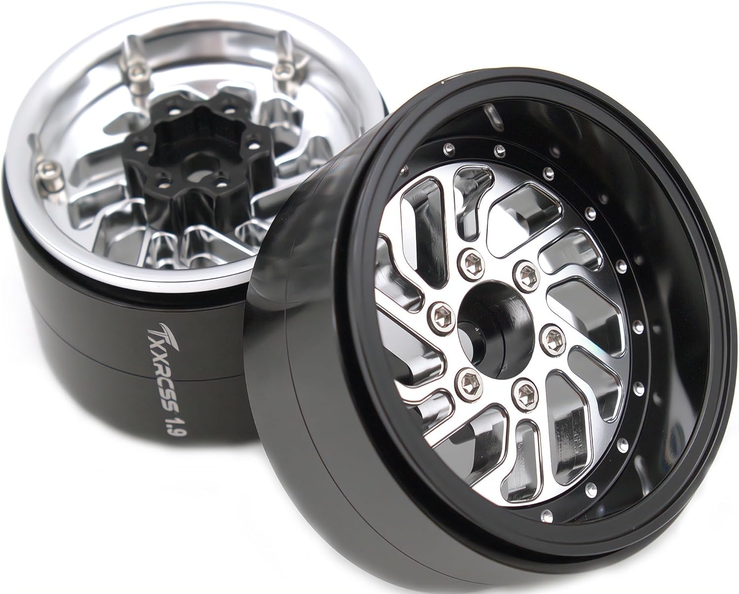 RC 1.9 Inch Beadlock Wheels Offsets -8.5mm Rims Hex 12mm Aluminum Wheel for TRX4 TRX6 SCX10 Gen8 1/10 RC Crawler Remote Control Car Upgrades Accessories (Silver & Black)