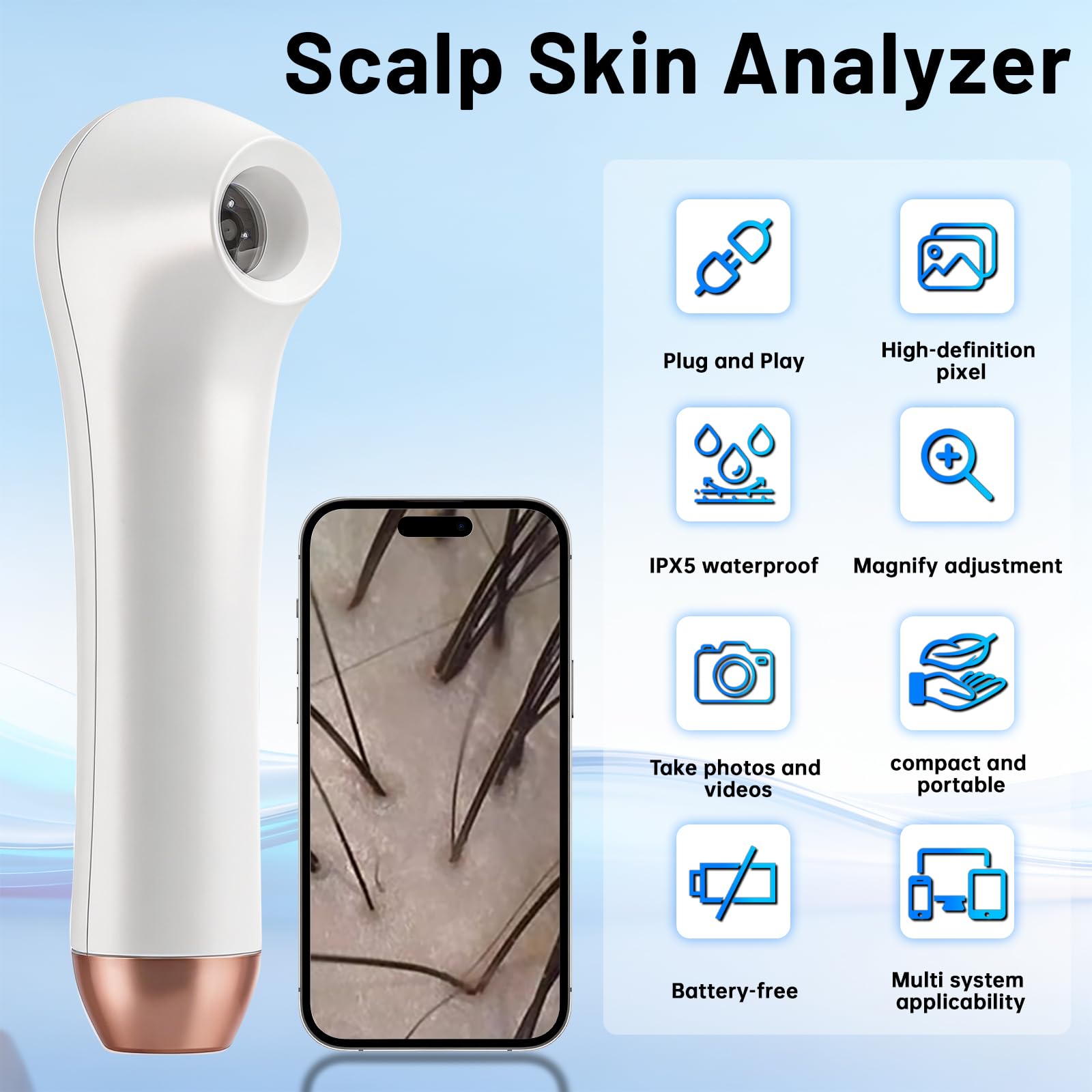 Machine d'analyse portable du cuir chevelu, 3 vitesses, 1 mégapixel, microscope du cuir chevelu, rechargeable pour follicule pileux, détecteur de grossissement d'humidité, test de pigment pour la tête