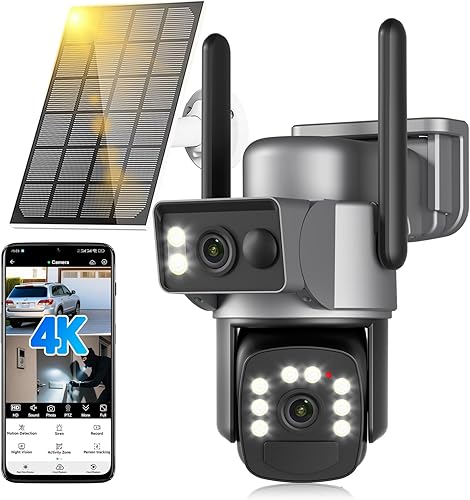 Cámaras de seguridad solar 4K inalámbricas para exteriores, 360 PTZ 5GHz2.4GHz Cámaras WiFi para seguridad en el hogar con doble lente, seguimiento