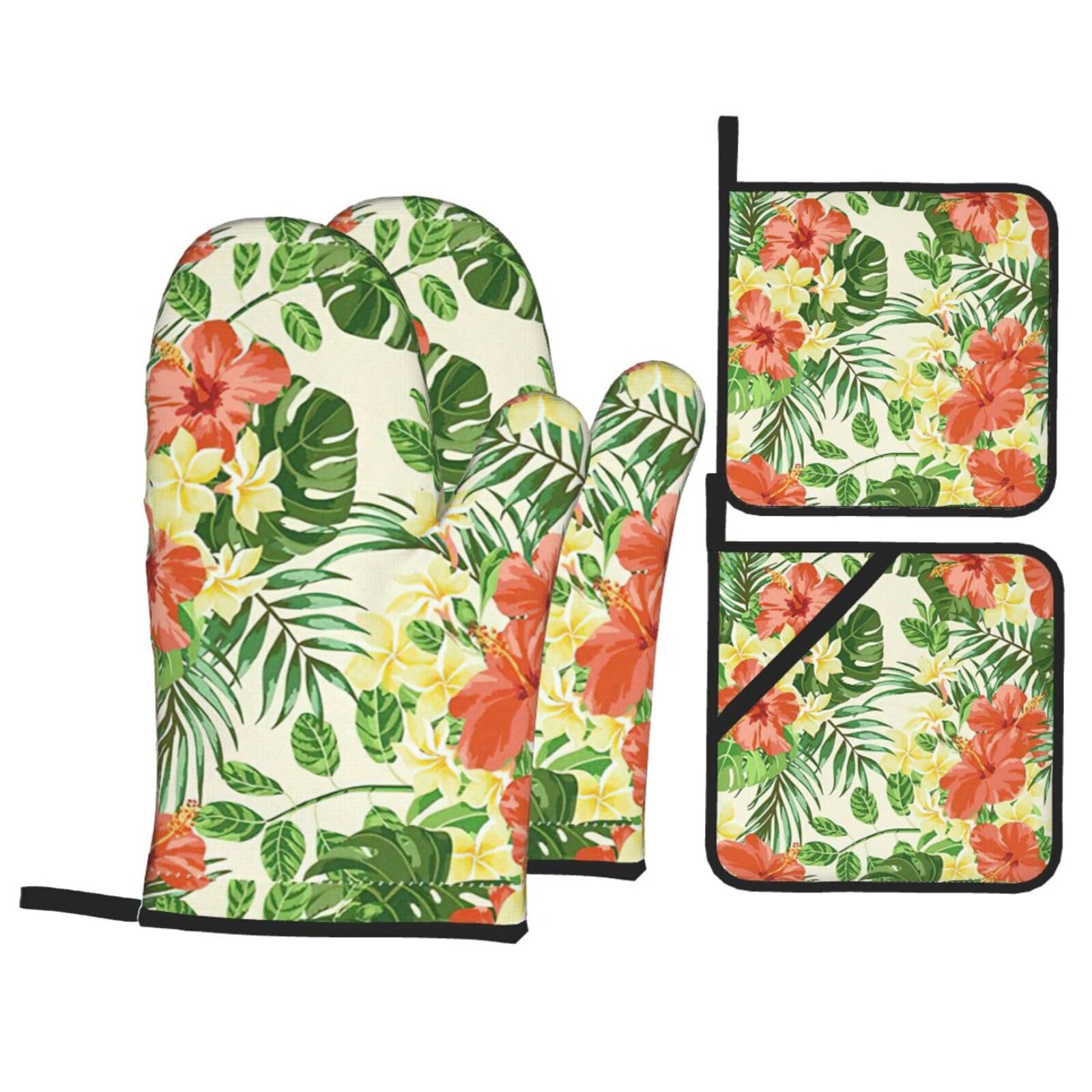 Hojas Tropicales Y Flores Print Kitchen Oven Mitts And Pot Holders Set,Hanging Loop Design For Cooking Baking Bbq