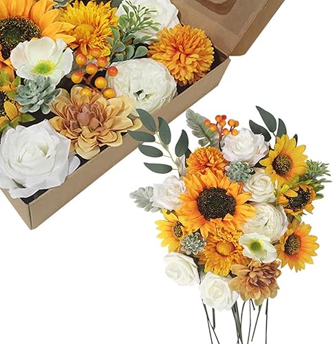 MOJUN Flores artificiales, rosas de seda, flores de girasol, juego de caja combinada con tallos para bricolaje, ramos de boda, centros de mesa,