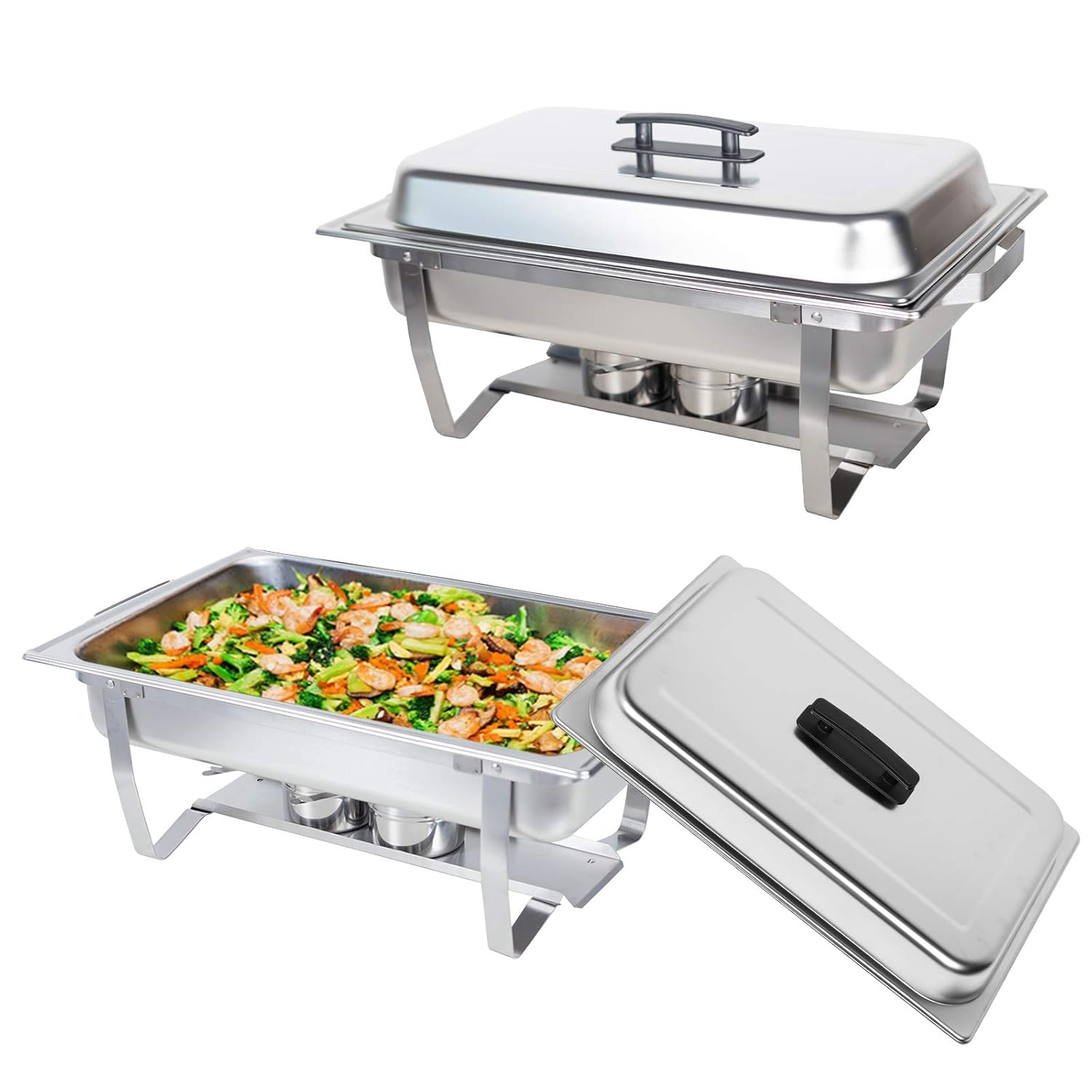 Valgus 2 Pack 8QT Stainless Steel Chafing Dish Buffet Chafer Set with Foldable Frame Water Trays Food Pan Fuel Holder and Lid Food Warmers for Wedding, Parties, Banquet, Catering Events