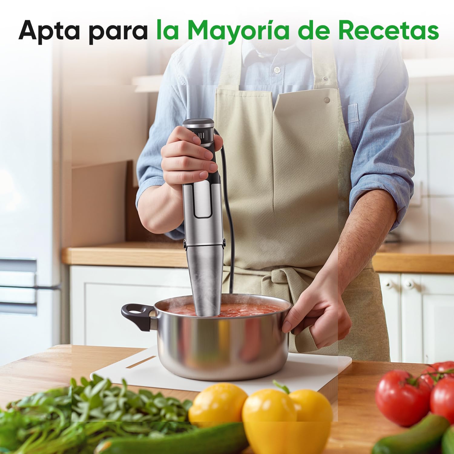 BESROY Batidora de Mano 5 en 1 1100W, Batidora Eléctrica con Velocidad Regulable, Acabado en Acero Inoxidable, con Picadora, Espumador de Leche, Varilla y Vaso Medidor, Ideal para Smoothies, Salsa