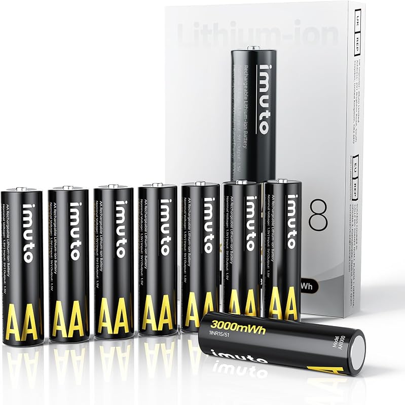 imuto Rechargeables Piles AA (Lot de 8), 3000mWh Double A Pile 1,5V Lithium AA/HR6 Batteries Rechargeables 1600 + Cycles Haute Performance et Longue Durée avec Boîte de Stockage