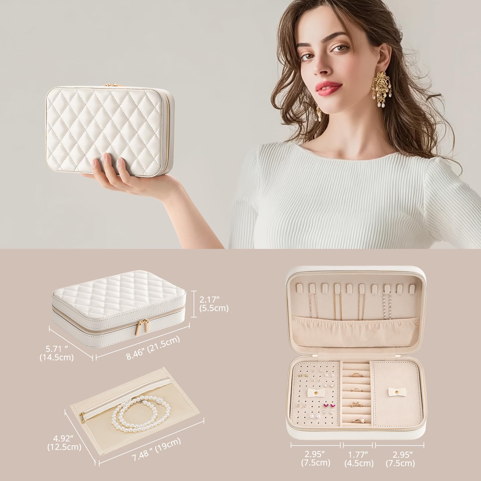 Lolalet Caja de Joyería de Viaje, Organizador Portátil de Piel Sintética con Espejo para Pendientes, Anillos, Collares y Pulseras, Tamaño M, Blanco