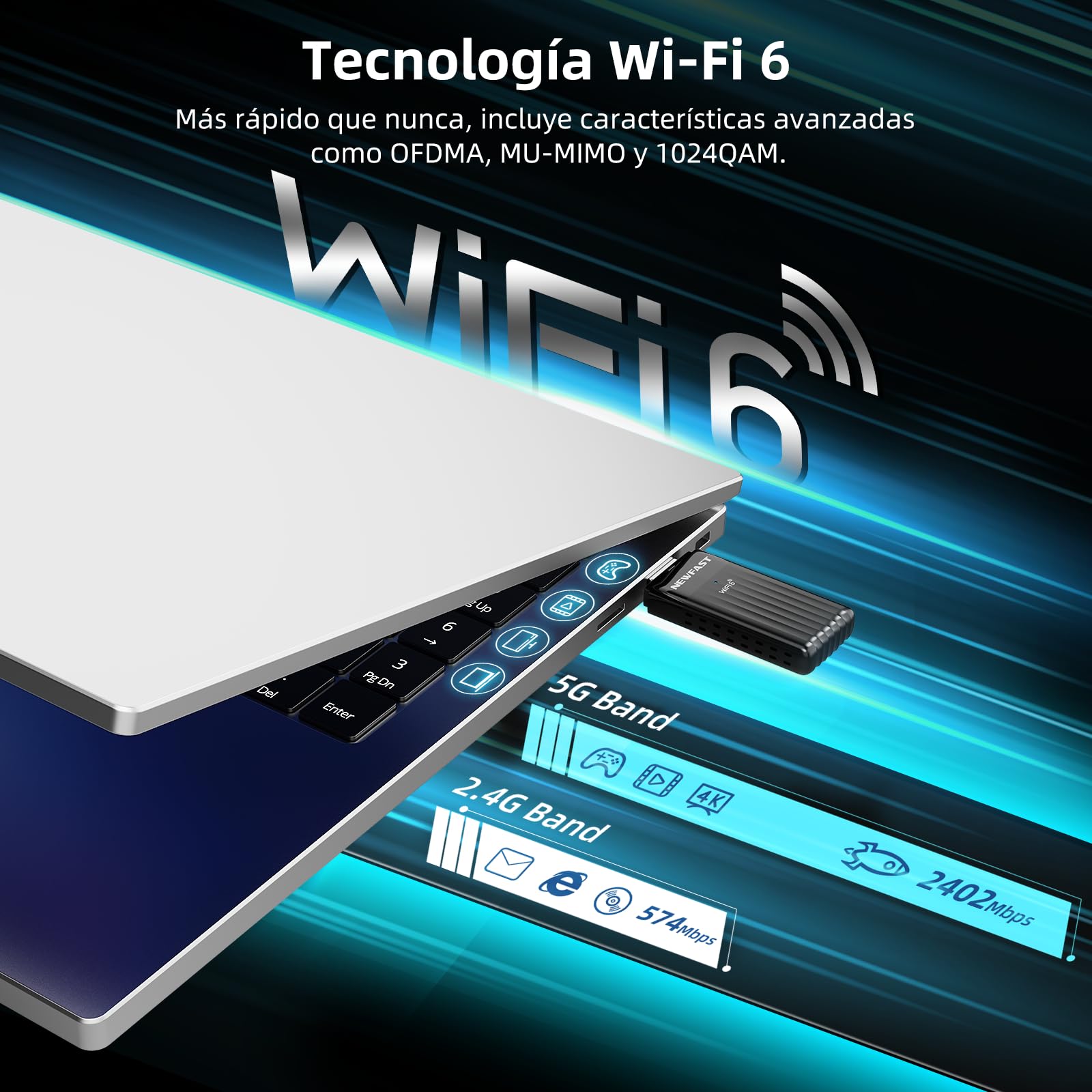 NEWFAST Adaptador WiFi6 USB AX3000, 5.8Ghz/2.4Ghz Adaptador WiFi USB para PC, 3000mbps Receptor WiFi Compatible con Windows 10/11, OFDMA y MU-MIMO, WPA3 y WPA2