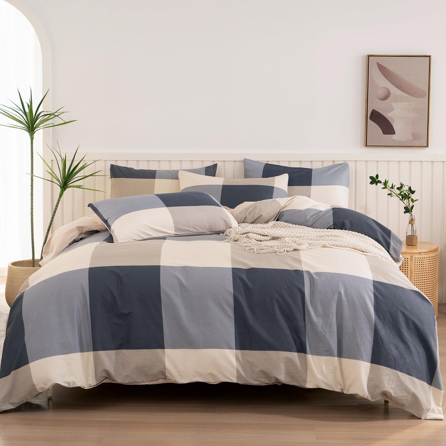 Cuadros Grises y Blancos Funda NóRdica 150x200cm, Juego de Cama de 3 Piezas con 2 Fundas de Almohada 50x75 cm, Funda de EdredóN con Estampado 3D, Microfibra con Cremallera
