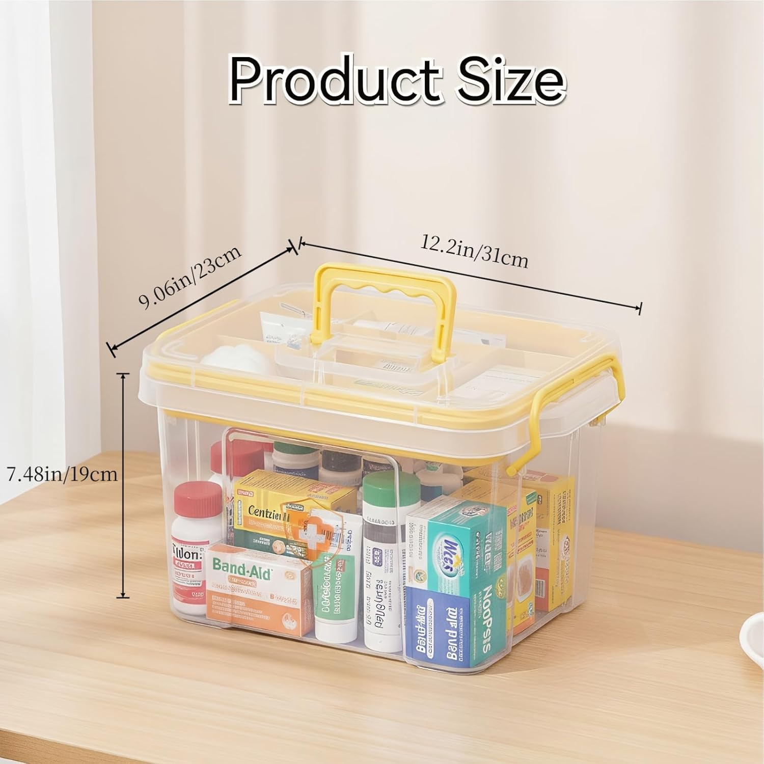 Pulseplay Clear Medicine Storage Box with Handle Portable Medicine Cabinet Organizer Multipurpose Plastic Storage Box with Removeable Tray for Home Office Travel Outdoor (Yellow)