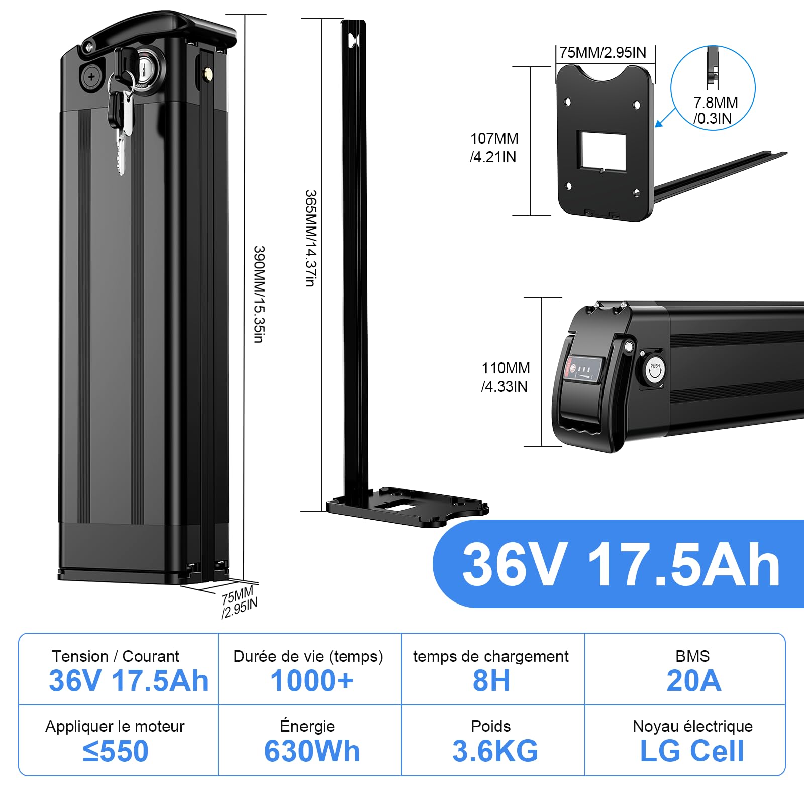 Batterie Velo Electrique Pliant 36V 17.5Ah, Batterie pour Vélo électrique 630 Wh avec BMS Intelligent, 2 Broches, Batterie 36v Lithium ION pour Vélo électrique 250W-550W Motor