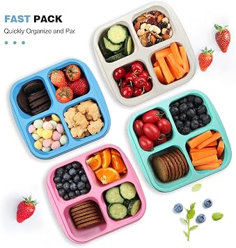 4 Pack Snack Containers, 4 Compartments Bento Snack Box, Reusable Meal Prep Lunch Containers for Kids Adults, Divided Food Storage Containers for School Work Travel (2 x Pink & 2 x Green)