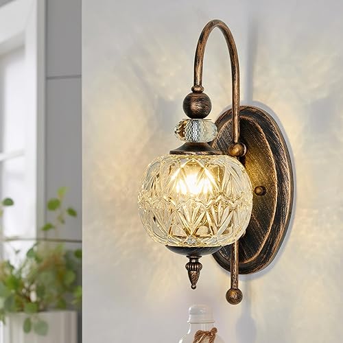 Aplique de pared de bronce vintage con pantalla de globo de vidrio G9 de mediados de siglo, lámpara de pared interior para baño, granja, dormitorio,