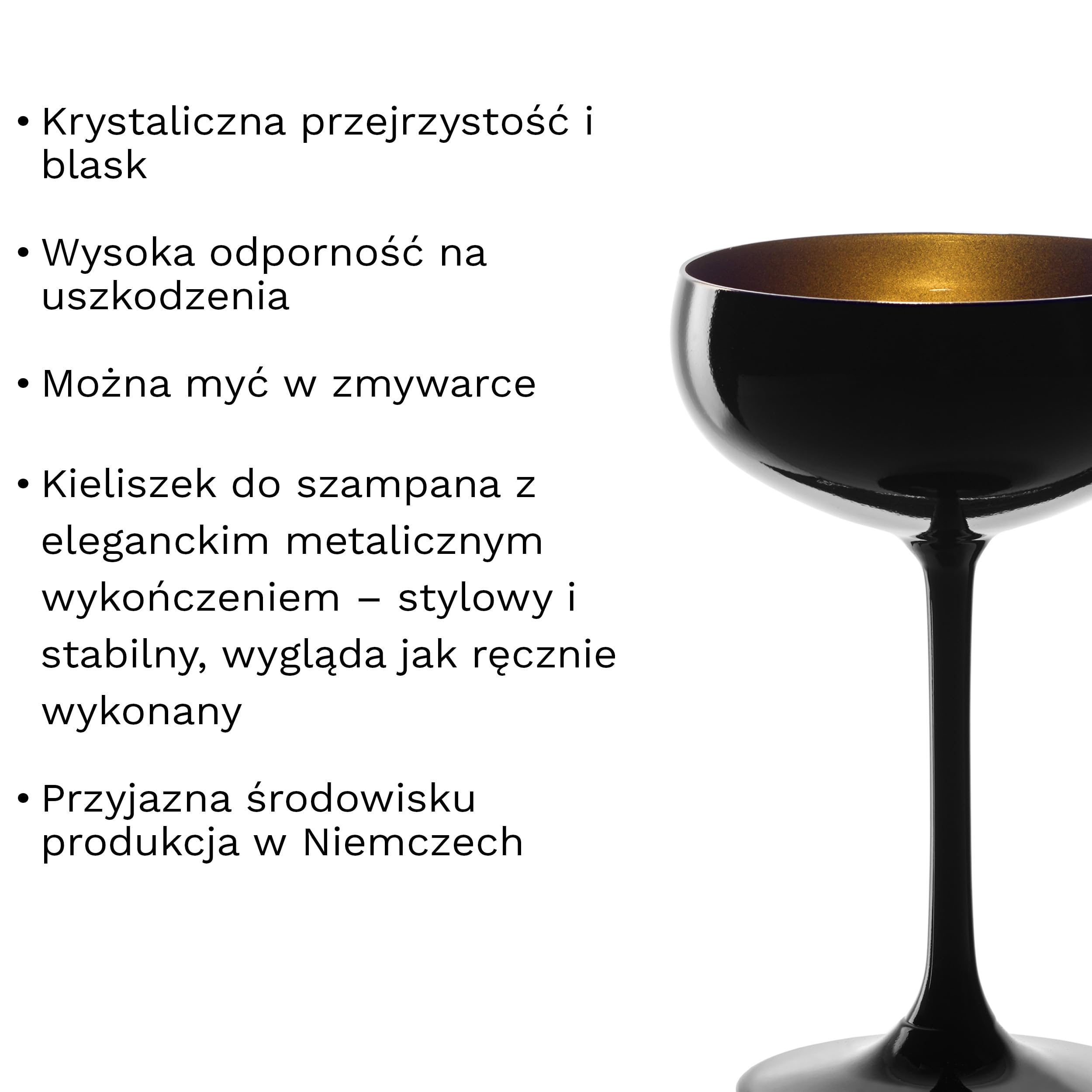 Stölzle Lausitz Kieliszki do Szampana Elements 6x230 ml – Eleganckie Kieliszki Kryształowe Czarny/Złoty – Idealne do Szampana Prosecco i Koktajli – Bezpieczne w Zmywarce i Odporne na Uszkodzenia