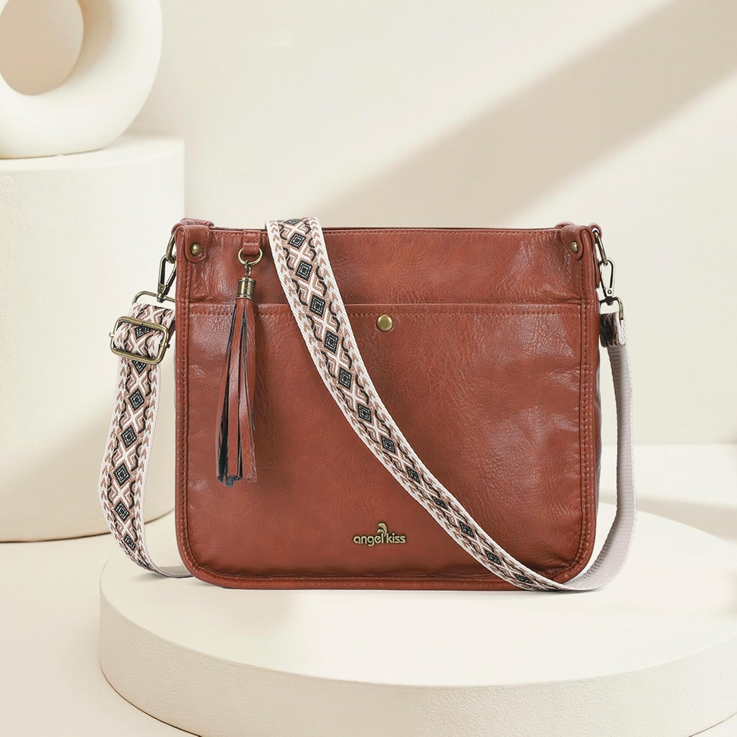 Angel Kiss Crossbody Bags for Women Trendy Vegan Leather Hobo Purses Shoulder Handbags Ladies Tassel Bag with Guitar Strap