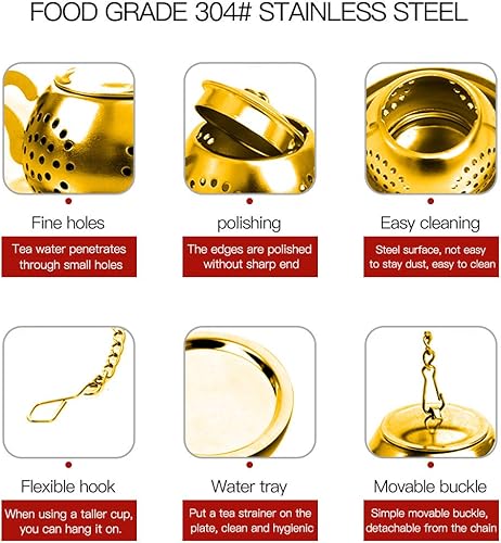 Miniatura 6 de Juego de 4 bolas infusoras de té de hojas sueltas de acero inoxidable con cadena y bandejas de goteo, filtro de té para taza y taza (dorado)
