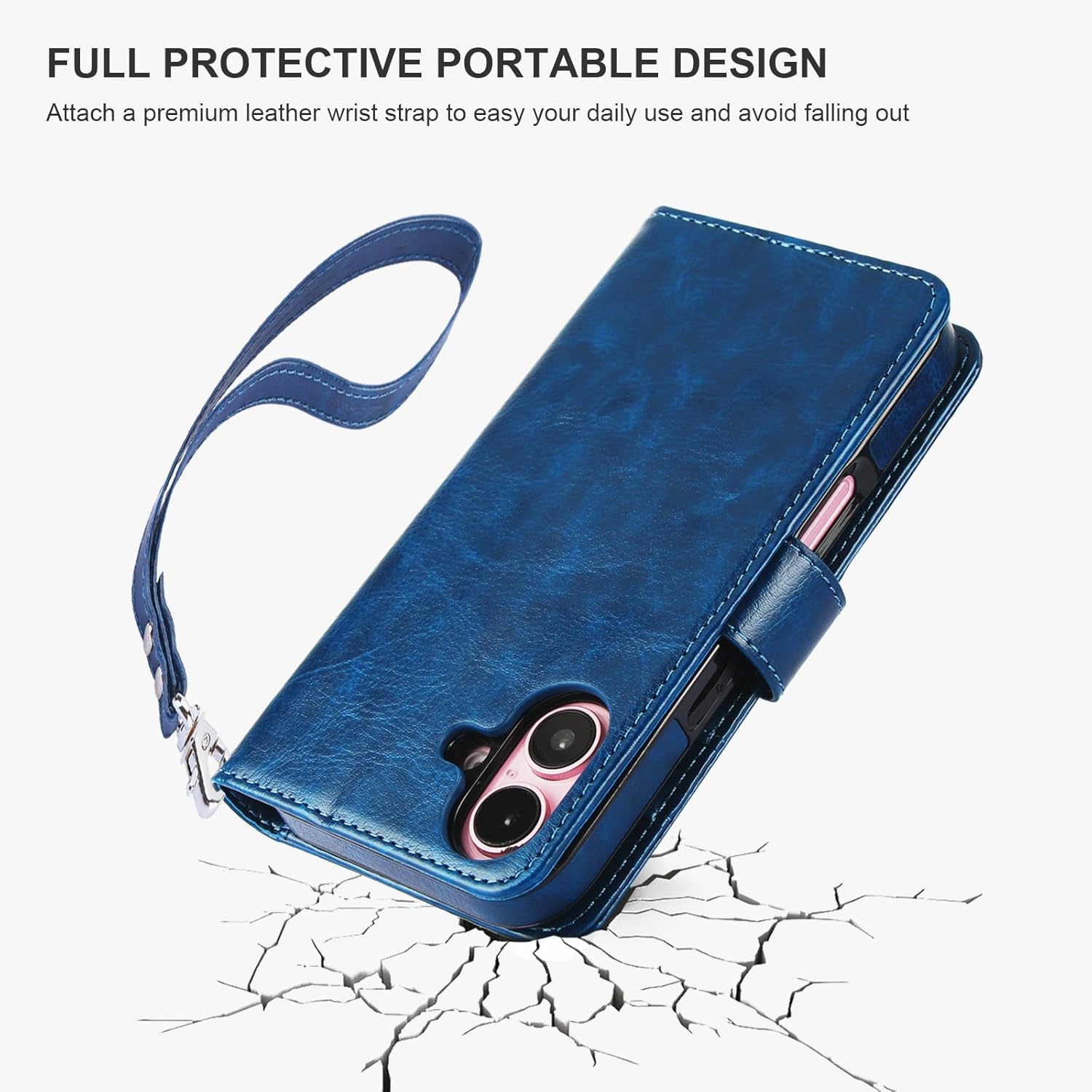Bocasal for iPhone 16 Wallet Case Compatible with MagSafe Wireless Charging, RFID Blocking Magnetic Leather Case with Card Slots Holder Kickstand Detachable Wrist Strap 6.1 Inch (Blue)