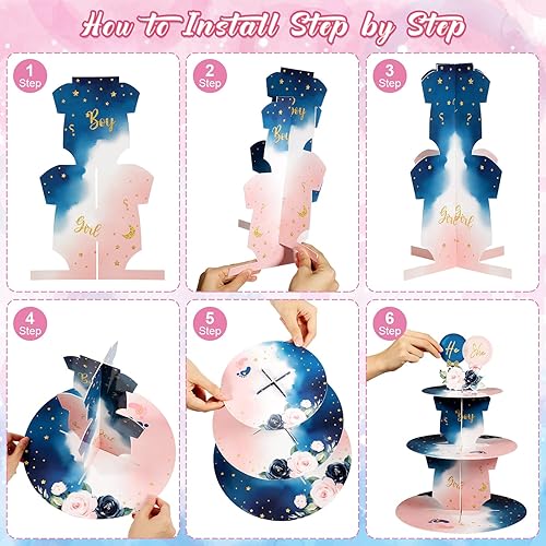 Miniatura 4 de Faccito Decoración de soporte para cupcakes para fiesta de revelación de género, azul y rosa de 3 niveles para baby shower, suministros de cartón