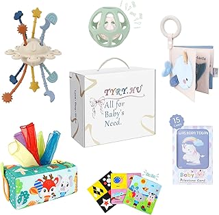 TYRY.HU Baby Gifts Montessori Toy, Silicone Pull Cord Activity Toy, Sensory Toy for Toddlers, Tissue Box, Double-Sided Fabric Book, Balls Rattle, Chew Toy, 3, 6, 9 Months